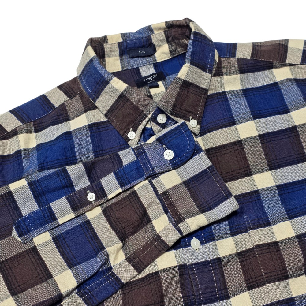 J.Crew‎ Oxford Button Down Mens Large Blue Plaid Slim Fit Long Sleeve Shirt